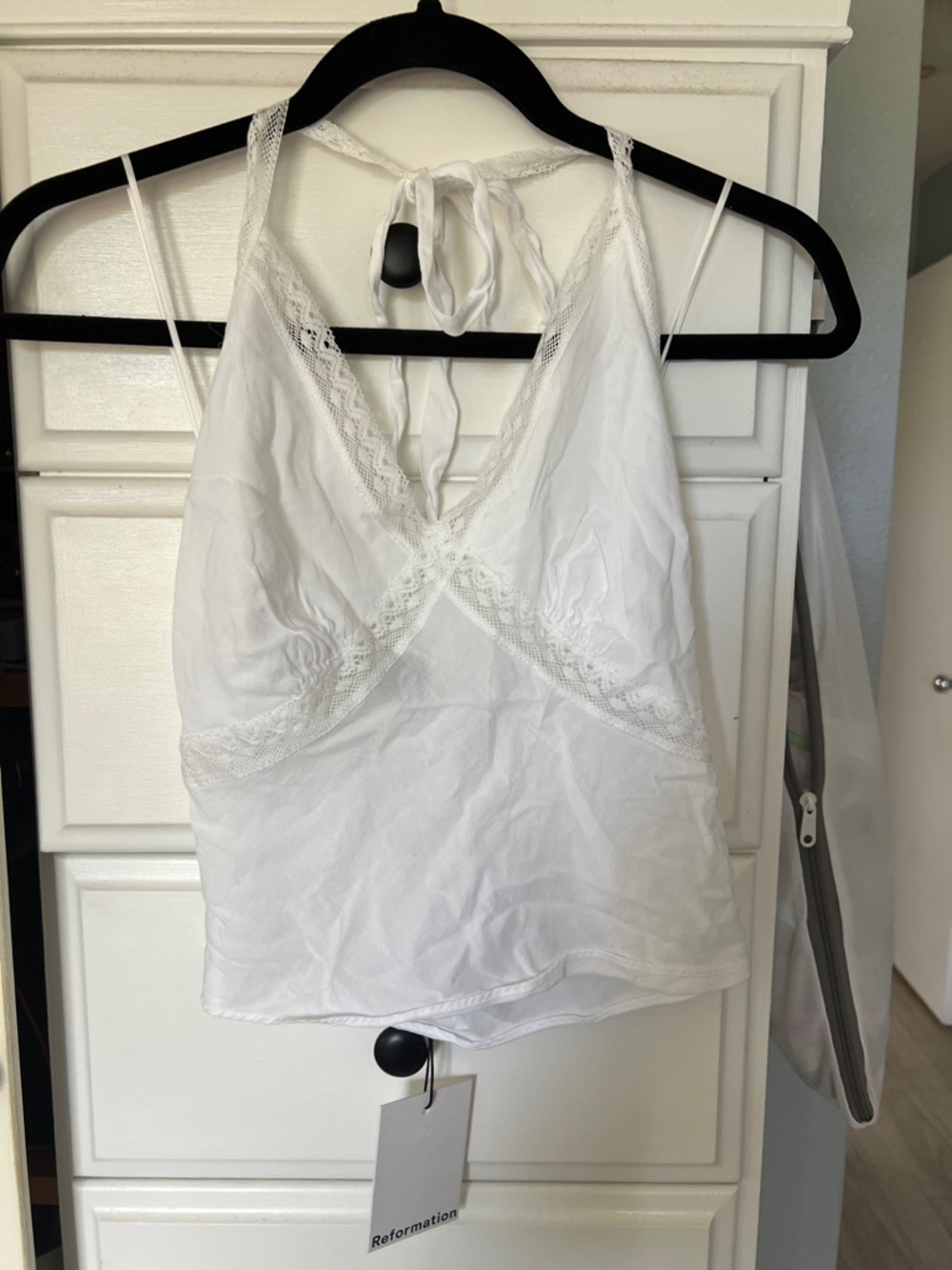Reformation Monica White Lace-Trim Tie-Back Halter Top